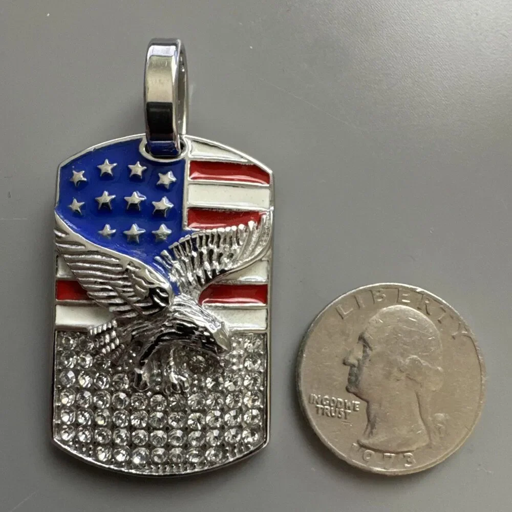 U.S.A America Flag Pendant Cubic Zirconia Stainless Steel 24” Chain Eagle DogTag